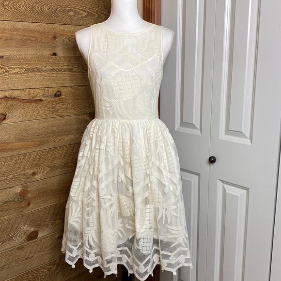 Anthropologie Maeve Pineapple Lace Fit And Flare Dress Sleeveless Size 4 Ivory - Picture 3 of 11